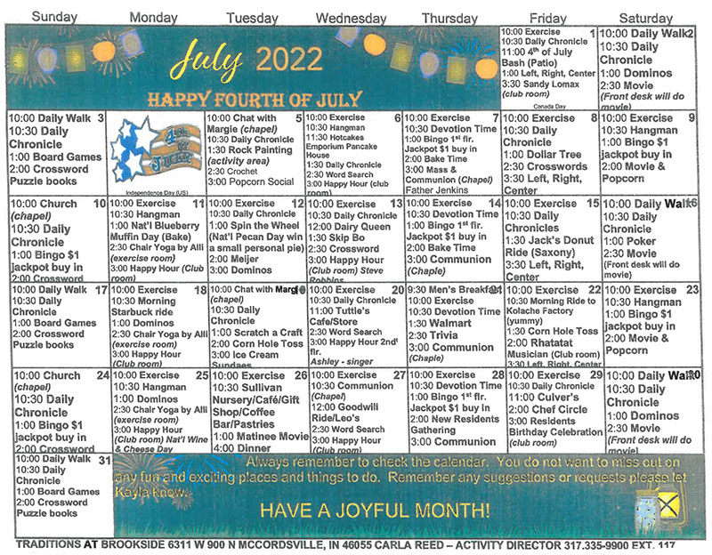 July 2022 Activity Calendar