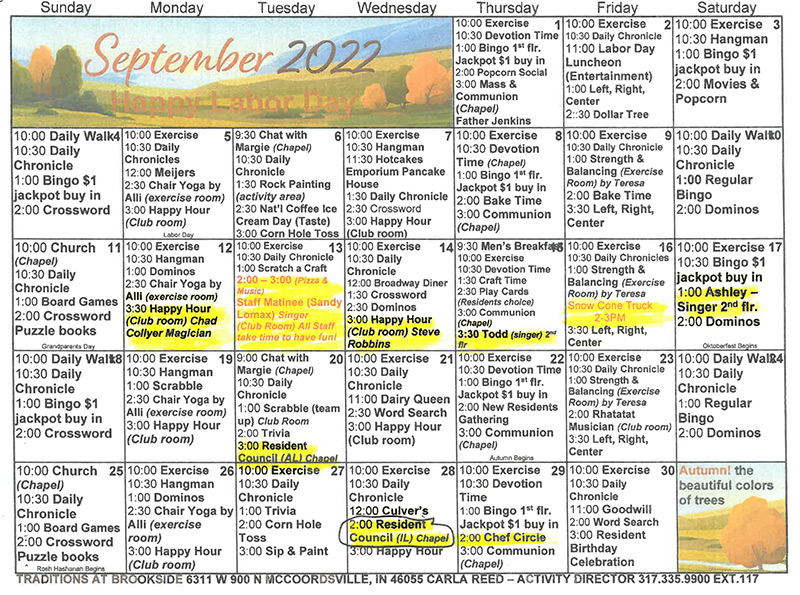 September 2022 Activity Calendar